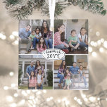 4 Photo Collage Family Name & Year Simple White Glass Ornament<br><div class="desc">Celebrate the simple joys of the holidays with a custom 4 photo collage black and white square glass ornament. All text and pictures on this template are simple to personalize. (IMAGE PLACEMENT TIP: An easy way to centre a photo exactly how you want is to crop it before uploading to...</div>