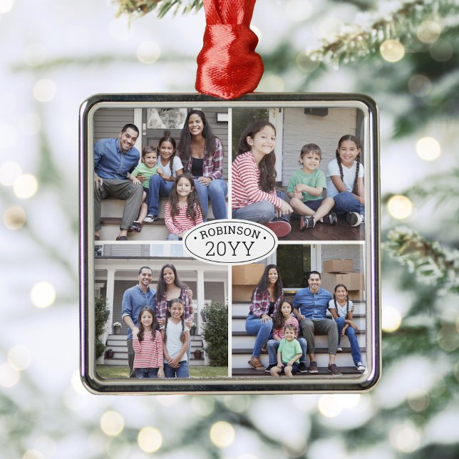 4 Photo Collage Family Name & Year Simple White Metal Ornament (Creator Uploaded)