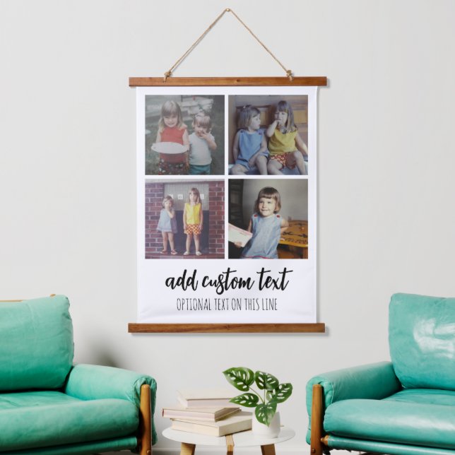 4 Photo Collage - Family Text On Bottom - White Hanging Tapestry (Living Room)