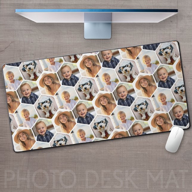 4 Photo Collage - funky hexagon pattern Desk Mat (Custom Photo Desk Mat - Add your pics and make a great gaming or home office desk pad!)