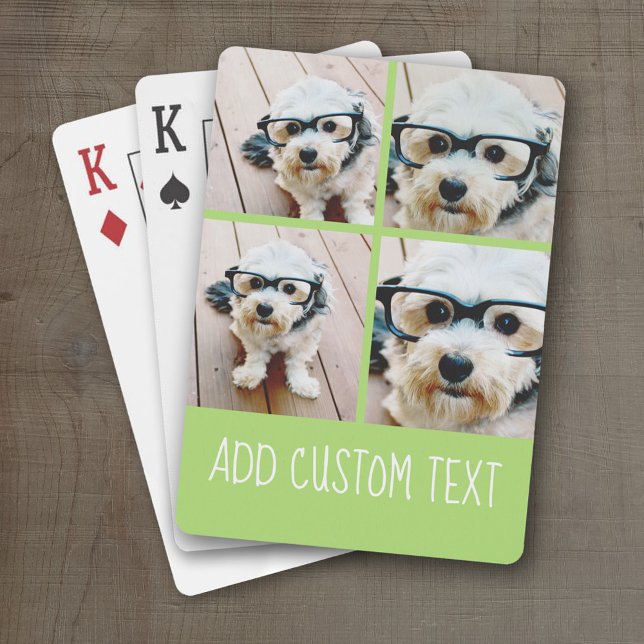 4 Photo Collage - funky text can change lime green Playing Cards (Personalized Playing Cards)