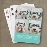 4 Photo Collage - funky text can change teal blue Playing Cards<br><div class="desc">A photo collage with a placeholder for 4 different square photos or keep the hipster puppy and make a trendy keepsake. Use your favourite photo or pictures to make a fun keepsake to share with friends. For best results, use photos that have been cropped into squares before uploading. The background...</div>