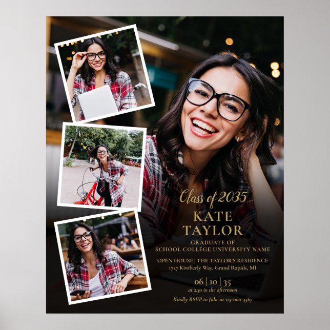 4 Photo Collage Gold Graduation Party Sign (Front)