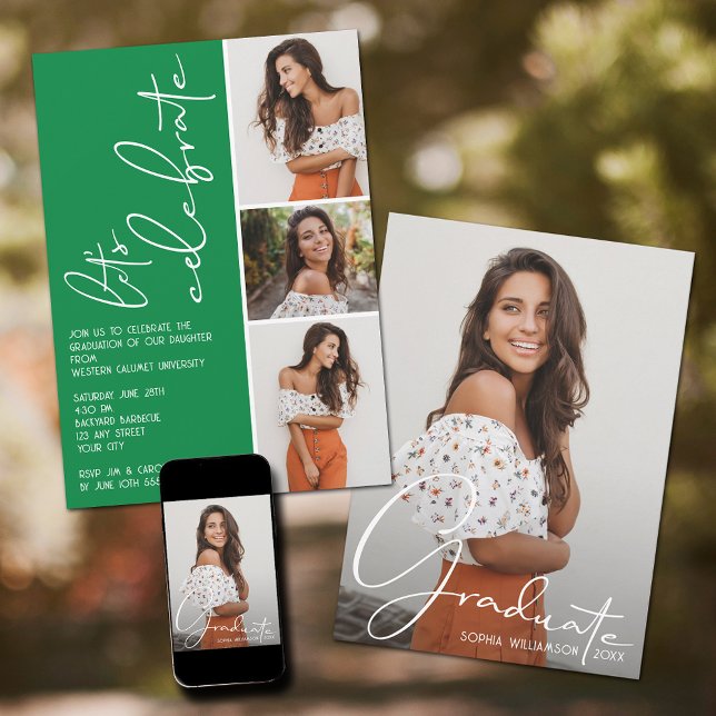 4 Photo Collage Graduation Green Invitation (Green graduation party invitations with your favorite photos.)