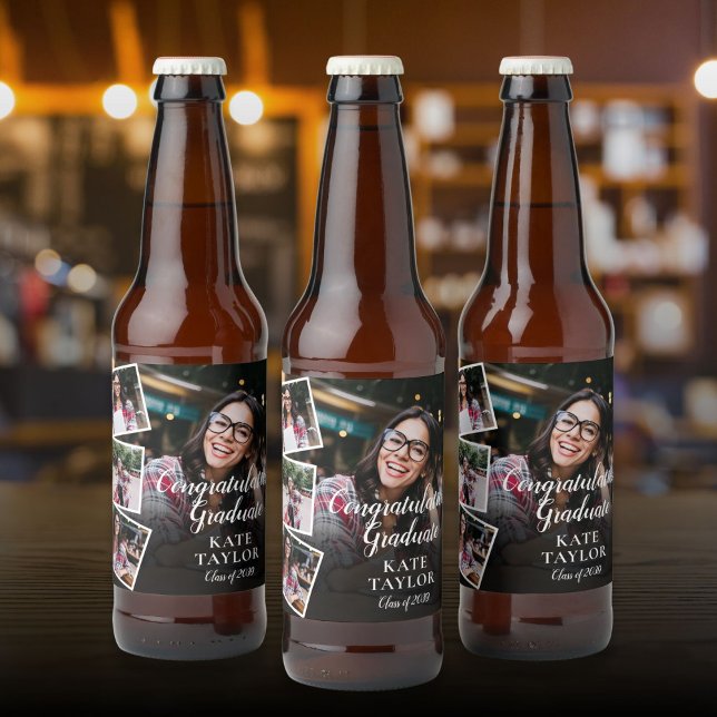 4 Photo Collage Graduation Party Beer Bottle Label (4 Photo Collage Graduation Party Beer Bottle Label)