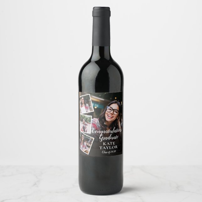 4 Photo Collage Graduation Party Wine Label (Front)