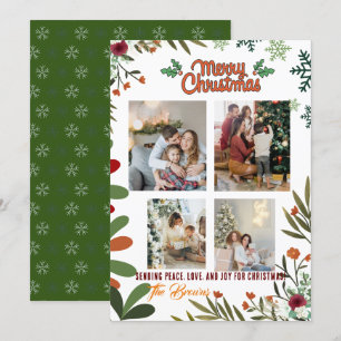 4 Photo Collage Green Holiday Card Merry Christmas