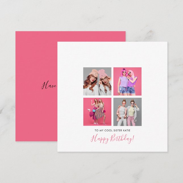 4 photo collage Happy Birthday Sister Name Pink Card (Front/Back)