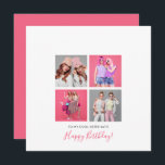 4 photo collage Happy Birthday Sister Name Pink Card<br><div class="desc">Contemporary style to wish your sister Happy Birthday with this fully customizable design. A collage of 4 of your favourite photos in square format is centred with lots of white space around. Easily replace the sample photos in the template placeholders with your own and personalise the text on each side....</div>
