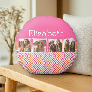 4 Photo Collage Hot Pink Orange Chevrons Round Pillow