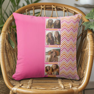 4 Photo Collage Hot Pink Orange Chevrons Throw Pillow