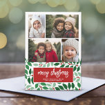 4 Photo Collage - Merry Christmas Botanical Red Holiday Card<br><div class="desc">Add family photos to this elegant and trendy design. This can be used for any Christmas greeting - happy holidays, season's greetings and more. The front includes 4 photos in a modern collage with a trendy script font. The back includes a modern botanical pattern in reds and greens. The background...</div>