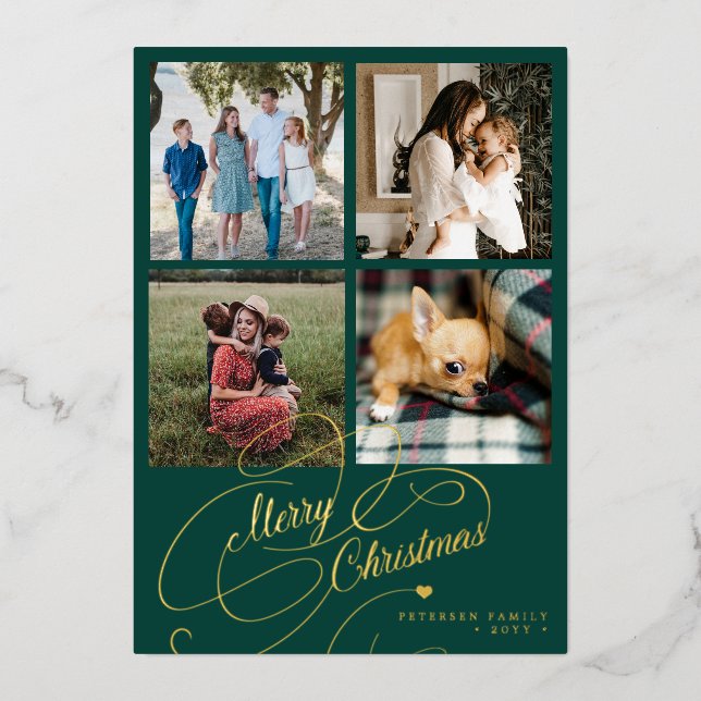 4 photo collage Merry Christmas elegant script Foil Holiday Card (Front)