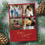 4 photo collage Merry Christmas elegant script red Holiday Card<br><div class="desc">Elegant stylish Merry Christmas faux gold classic calligraphy script four square family photos simple red holiday card with your custom personalized text on both sides. PLEASE NOTE that the background colour is editable. You can change it after selecting CUSTOMIZE option down below the PERSONALIZE IT menu. If you don't feel...</div>