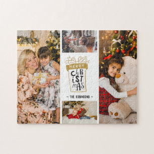 4 Photo Collage Merry Christmas Gift Custom Name  Jigsaw Puzzle