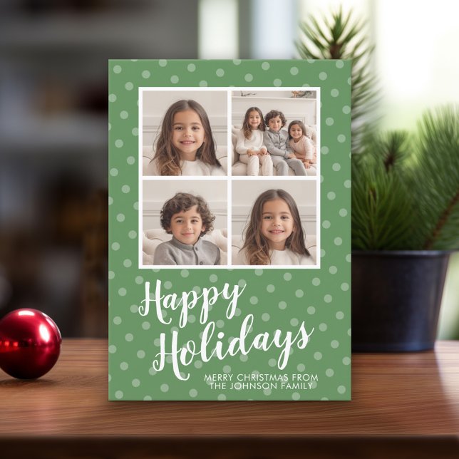 4 Photo Collage Merry Christmas Whimsical Polkadot Holiday Card (Online Christmas Card - Print and Download Options)