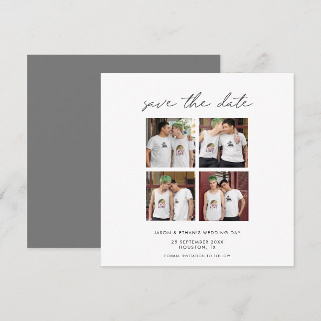 4 Photo collage Minimalist Modern script Grey Save The Date (Front/Back)