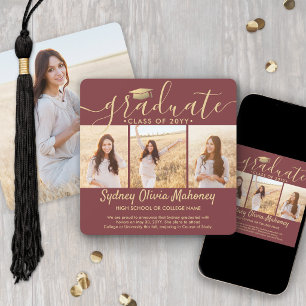 4 Photo Collage Modern Burgundy & Gold Graduation  Announcement