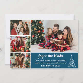 4 photo collage modern cute blue Joy to the world Holiday Card