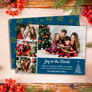 4 photo collage modern cute blue Joy to the world Holiday Card