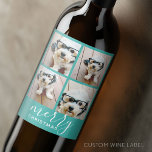 4 Photo Collage - Modern Merry Christmas aqua Wine Label<br><div class="desc">Use four pictures and make a unique and trendy Merry Christmas greeting with a black and white theme. If you need to move anything around,  click on the customize button to make changes.</div>