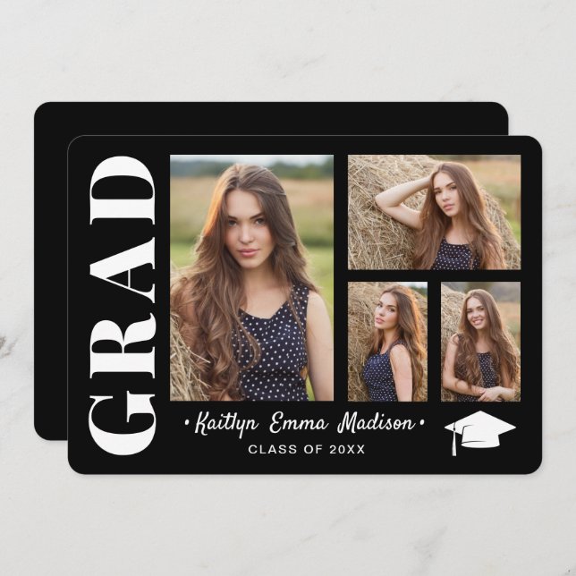 4 Photo Collage Modern Script Black & White Grad Announcement (Front/Back)