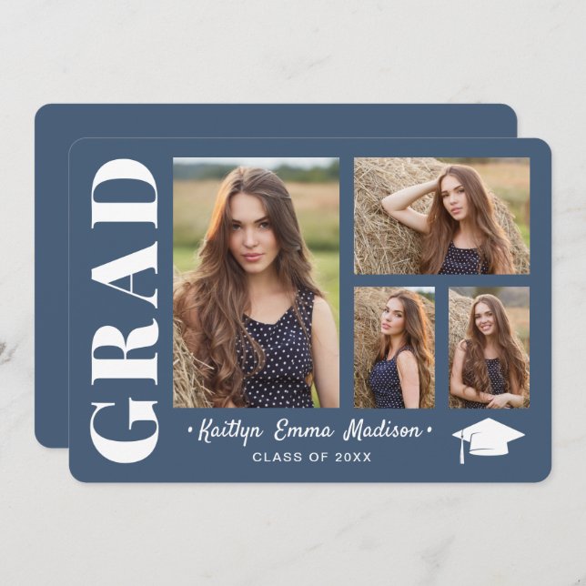 4 Photo Collage Modern Script Dusty Blue Grad Announcement (Front/Back)