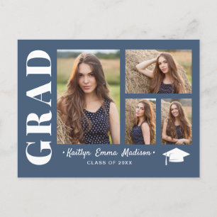 4 Photo Collage Modern Script Dusty Blue Grad Postcard