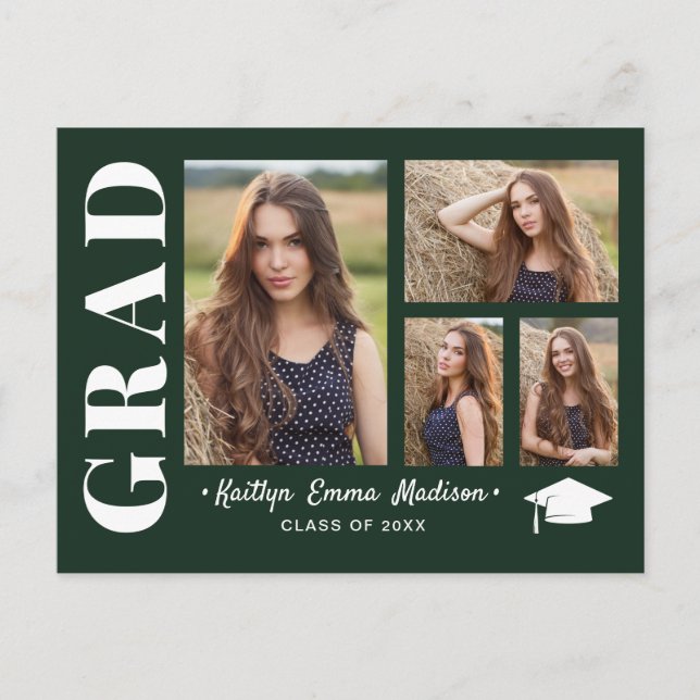 4 Photo Collage Modern Script Green Grad Postcard (Front)