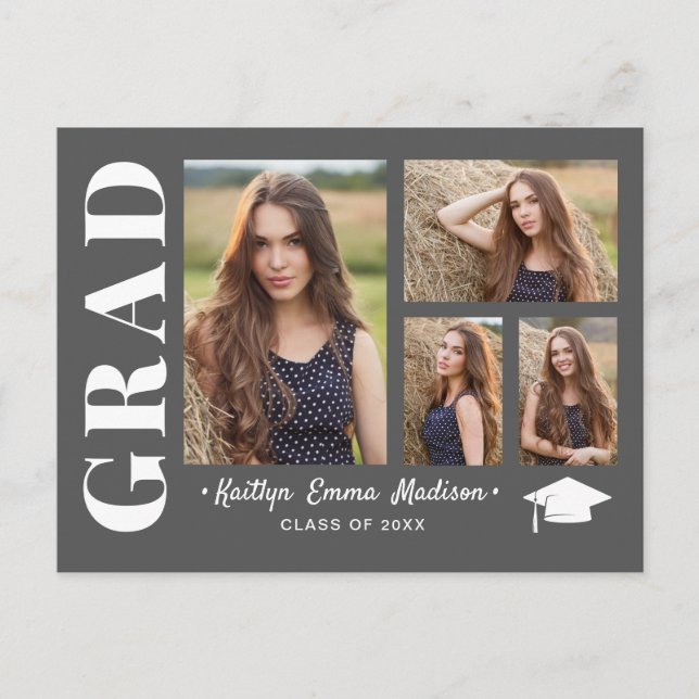 4 Photo Collage Modern Script Grey Grad Postcard (Front)