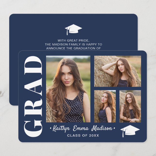 4 Photo Collage Modern Script Navy Blue Grad Announcement (Front/Back)