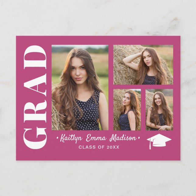 4 Photo Collage Modern Script Pink Grad Postcard (Front)