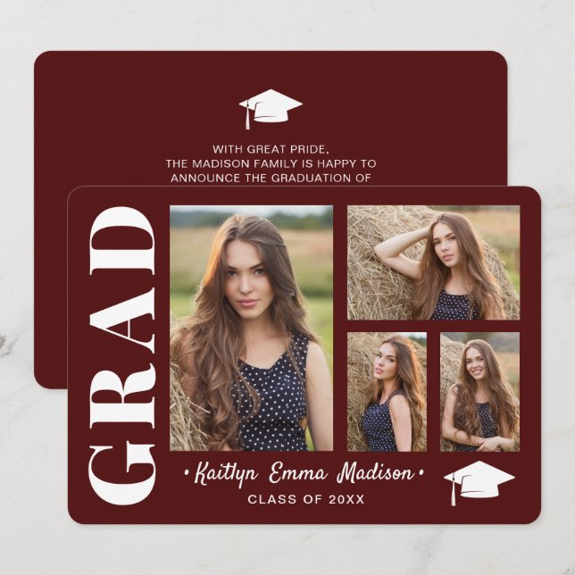 4 Photo Collage Modern Script Red Grad Announcement (Front/Back)