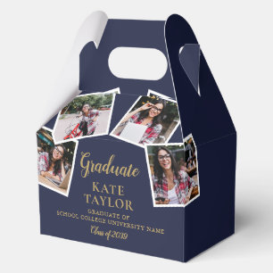 4 Photo Collage Navy And Gold Graduation Party Favor Box