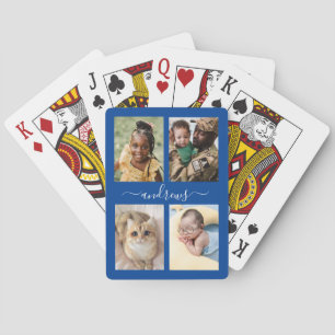 4 photo collage Navy Blue And White Personalized Playing Cards