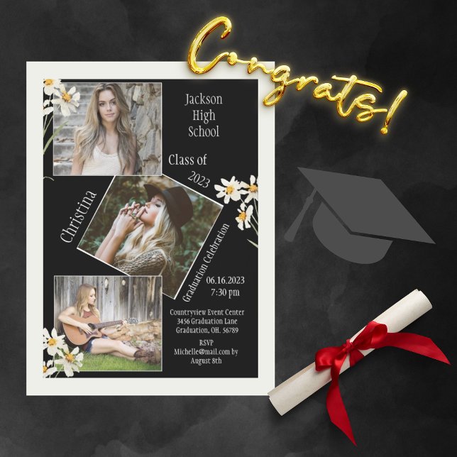 4 Photo Collage Personalized Daisy Graduation Announcement (Creator Uploaded)