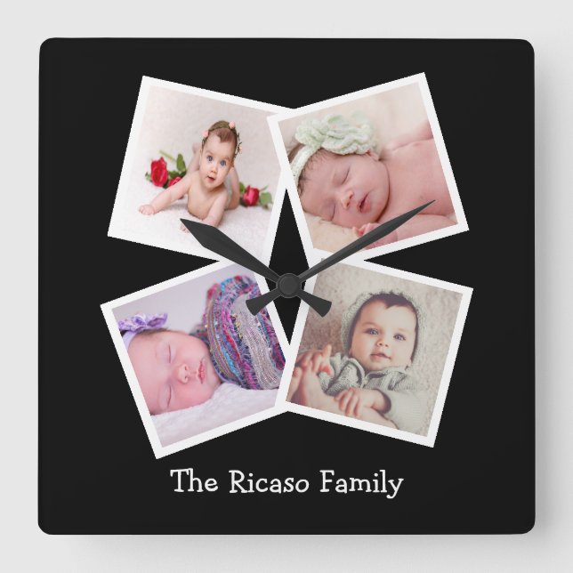 4 Photo Collage Personalized Square Wall Clock (Front)