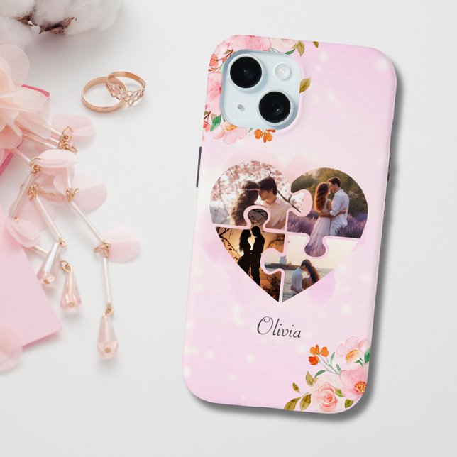 4 Photo Collage Pink Floral Puzzle Heart Custom Case-Mate iPhone Case (Creator Uploaded)