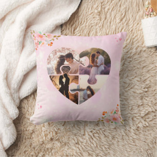 4 Photo Collage Pink Floral Puzzle Heart Custom Throw Pillow