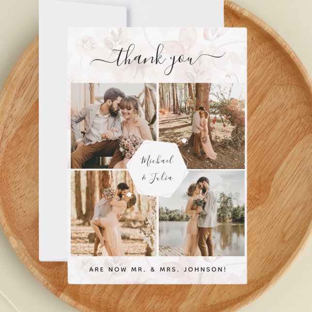 4 Photo Collage Pink Floral Wedding Thank You Card (Creator Uploaded)