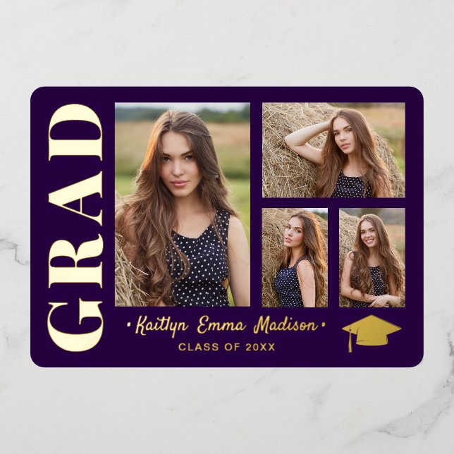 4 Photo Collage Purple & Gold Foil Grad Card (Front)
