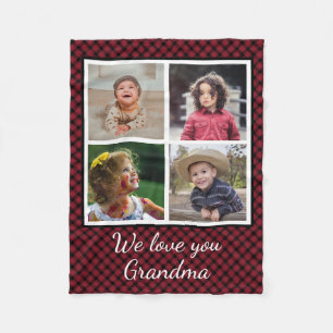 4 Photo Collage Red Buffalo Plaid Grandma Fleece Blanket