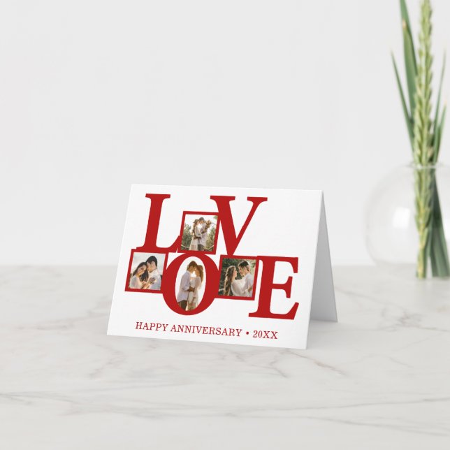 4 Photo Collage Red Love Happy Anniversary  Card (Front)