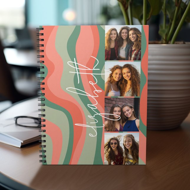 4 Photo Collage - retro waves - huge name Notebook (Personalized notebook with photos and text)
