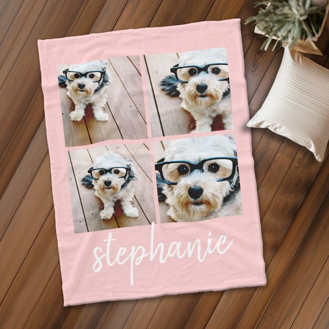 4 Photo Collage Script Name - can edit blush pink Fleece Blanket (Personalized fleece blanket with 4 photos and custom text)