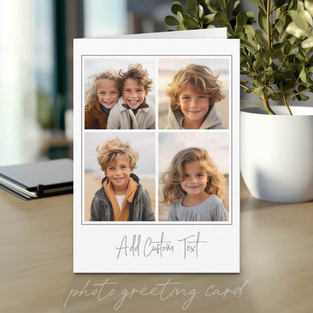 4 Photo Collage Trendy Script Text - White Grey Card (Photo Greeting Card)
