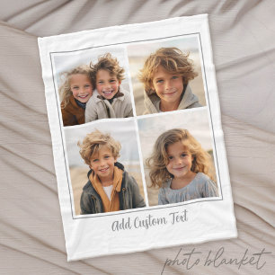 4 Photo Collage Trendy Script Text - White Grey Fleece Blanket