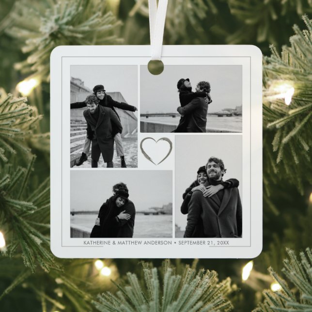 4 Photo Collage Wedding Anniversary Name & Date Metal Ornament (Insitu)