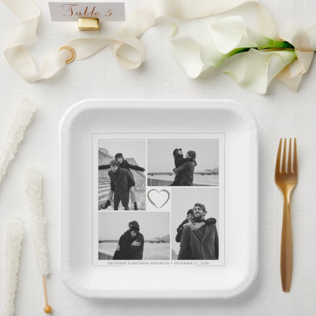 4 Photo Collage Wedding Anniversary Name & Date Paper Plate (Wedding)