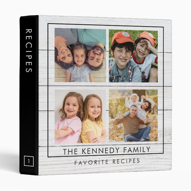 4 Photo Collage White Wood Family Recipe Cookbook Binder (Front/Spine)